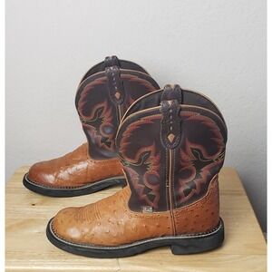 Justin Men's Ostrich Print Cowboy Boots Brown Leather Upper Western Size 8.5B